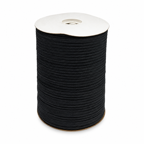 3/8" Pat 21A Black Pre-Shrunk Cotton Garment Tape wound on a spool.