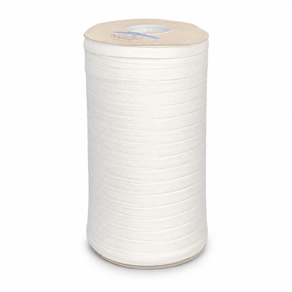3/8" Pat 21A White Pre-Shrunk Cotton Garment Tape wound on a spool.
