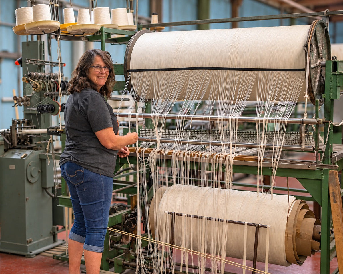 Ribbon Factory team member working at a loom in the Titusville mill