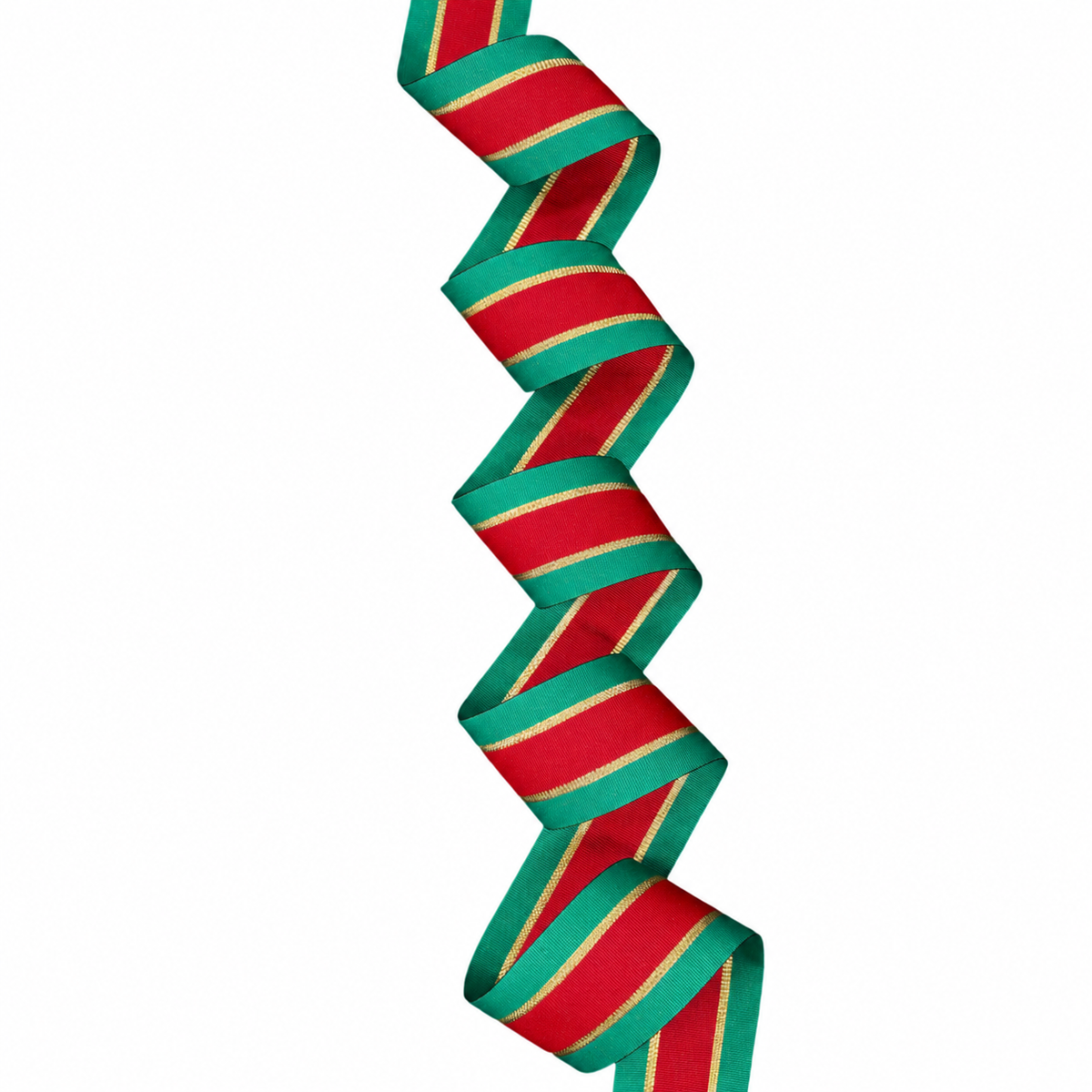 Spruce green, red and gold #601 Holiday striped grosgrain ribbon shown in curls.
