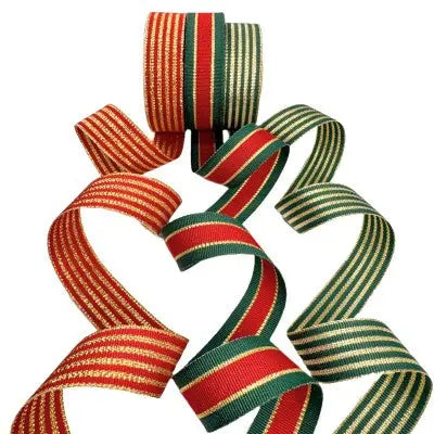 Christmas Stripe #1 Combo Pack in Hunter Green, Gold Tinsel, and Red Patterns The Ribbon Factory