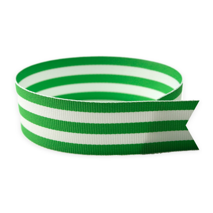 Emerald Green and White Taffy grosgrain ribbon, 5/8-inch and 7/8-inch widths, woven stripes on both sides, made in the USA.