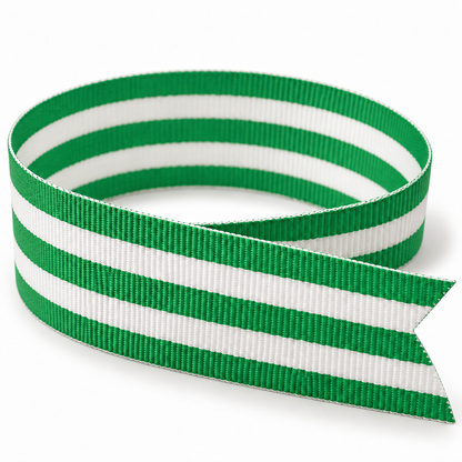 Emerald Green and White Taffy grosgrain ribbon, 5/8-inch and 7/8-inch widths, woven stripes on both sides, made in the USA.