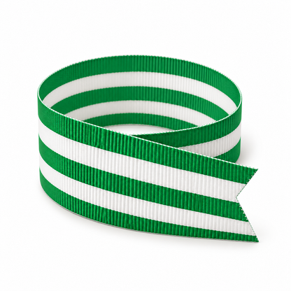 Emerald Green and White Taffy grosgrain ribbon, 1-1/2-inch wide, woven stripes on both sides, made in the USA.