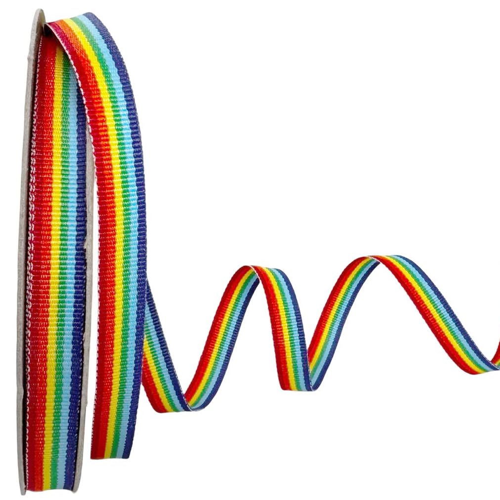 Narrow 3/8-inch Rainbow ribbon, made in the USA.