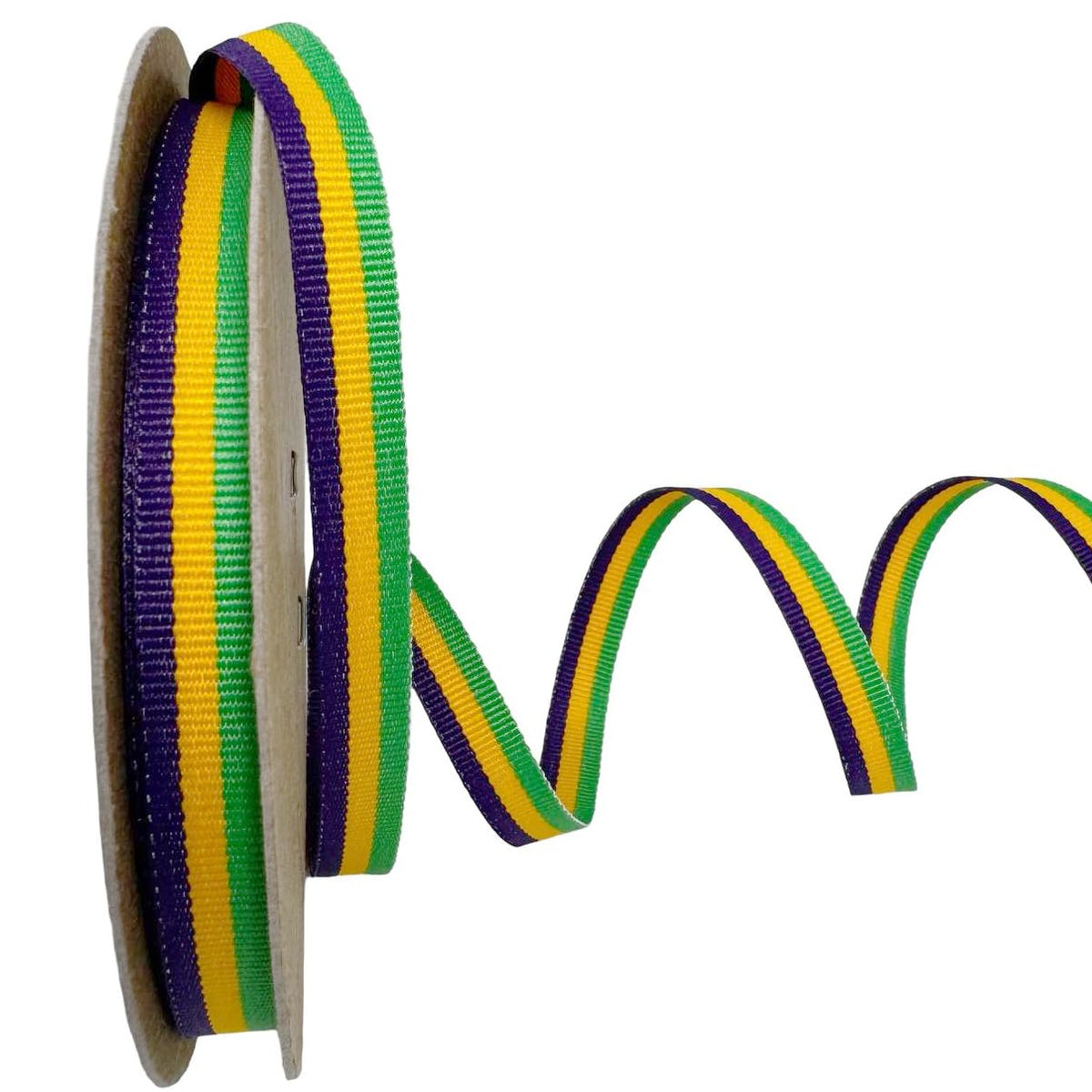 Narrow 3/8-inch Mardi Gras Tri-Stripe ribbon, made in the USA.