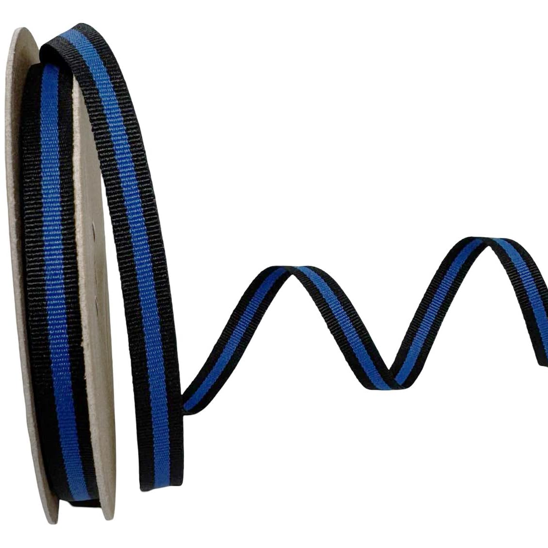 Narrow 3/8-inch Thin Blue Line Stripe ribbon, made in the USA.