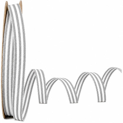 Narrow 3/8-inch Gray & White ribbon, made in the USA.
