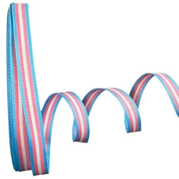 Narrow 3/8-inch Baby Blue, Pink, & White Stripe ribbon, made in the USA.