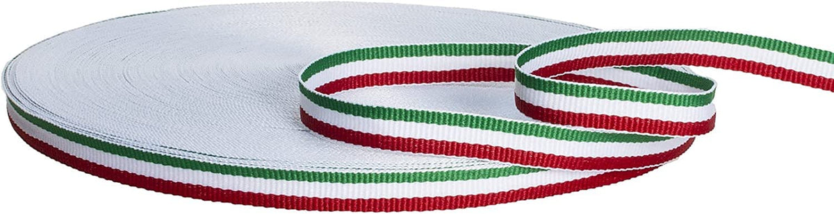 Narrow 3/8-inch Red/White/Emerald Green ribbon, made in the USA.