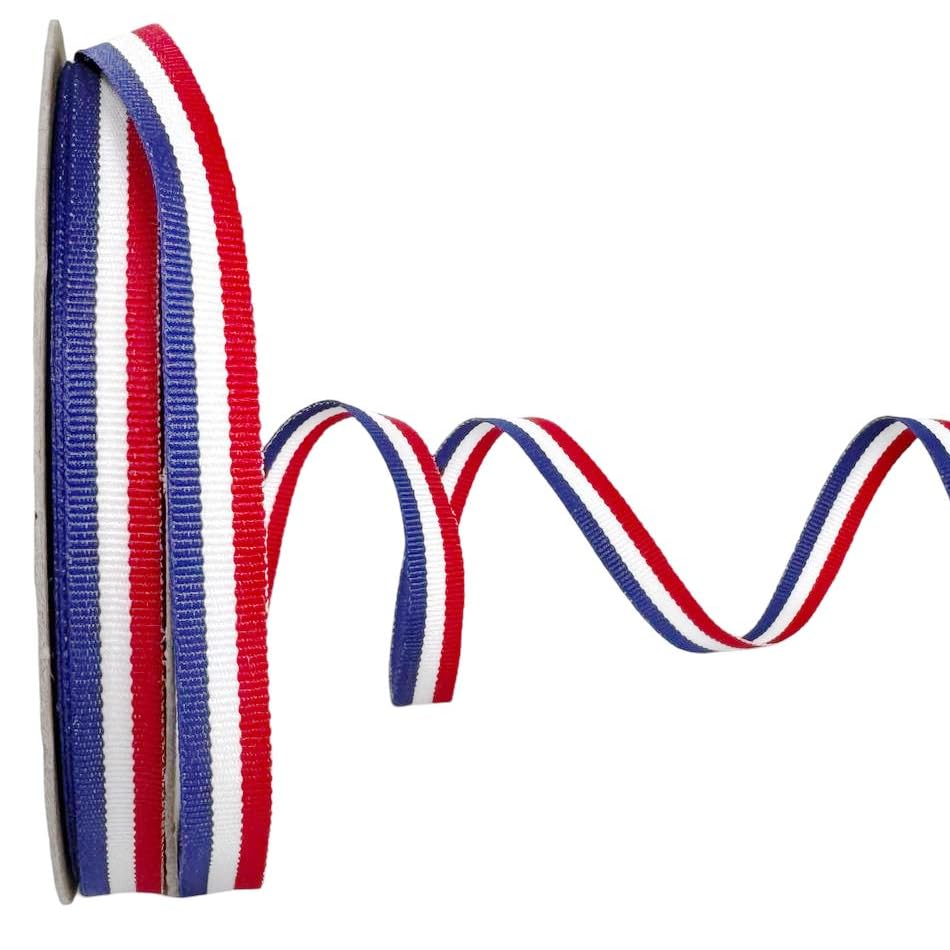 Narrow 3/8-inch Red/White/Royal Blue ribbon, made in the USA.