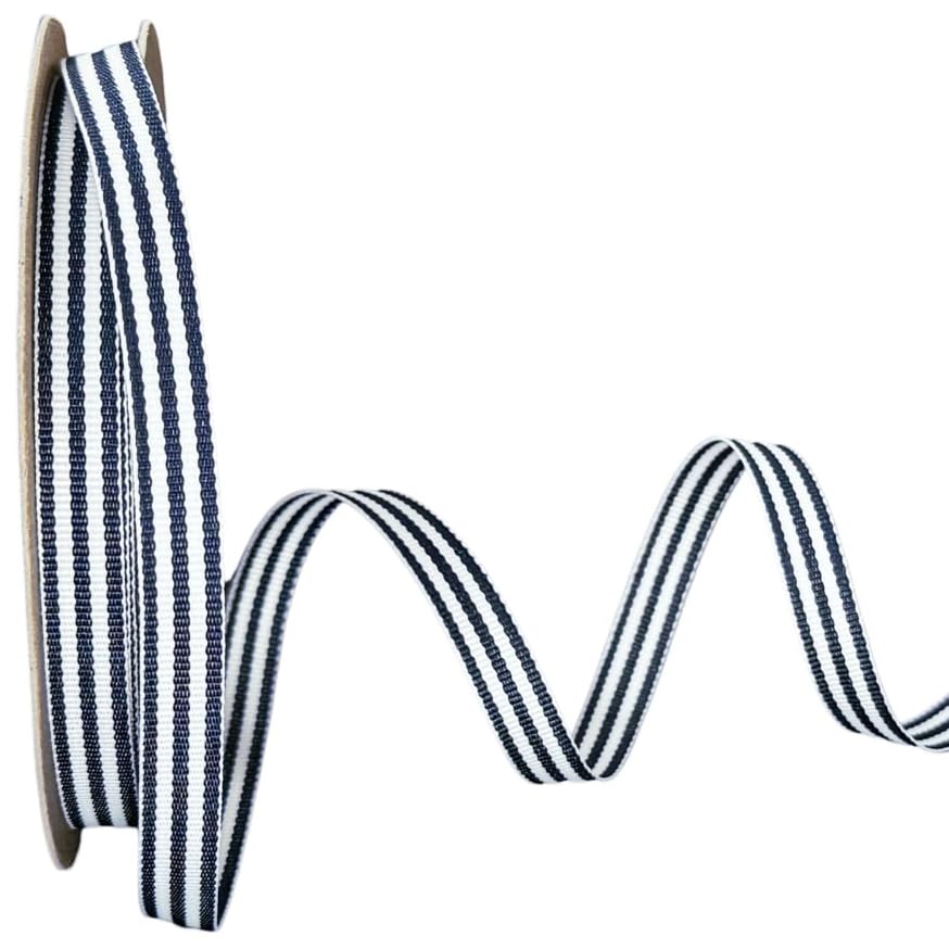 Narrow 3/8-inch Navy Blue & White ribbon, made in the USA.