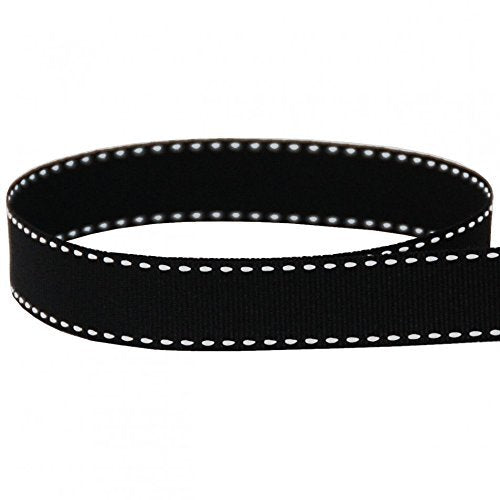 Black ribbon with white saddle-stitch pattern in a loose oval loop.