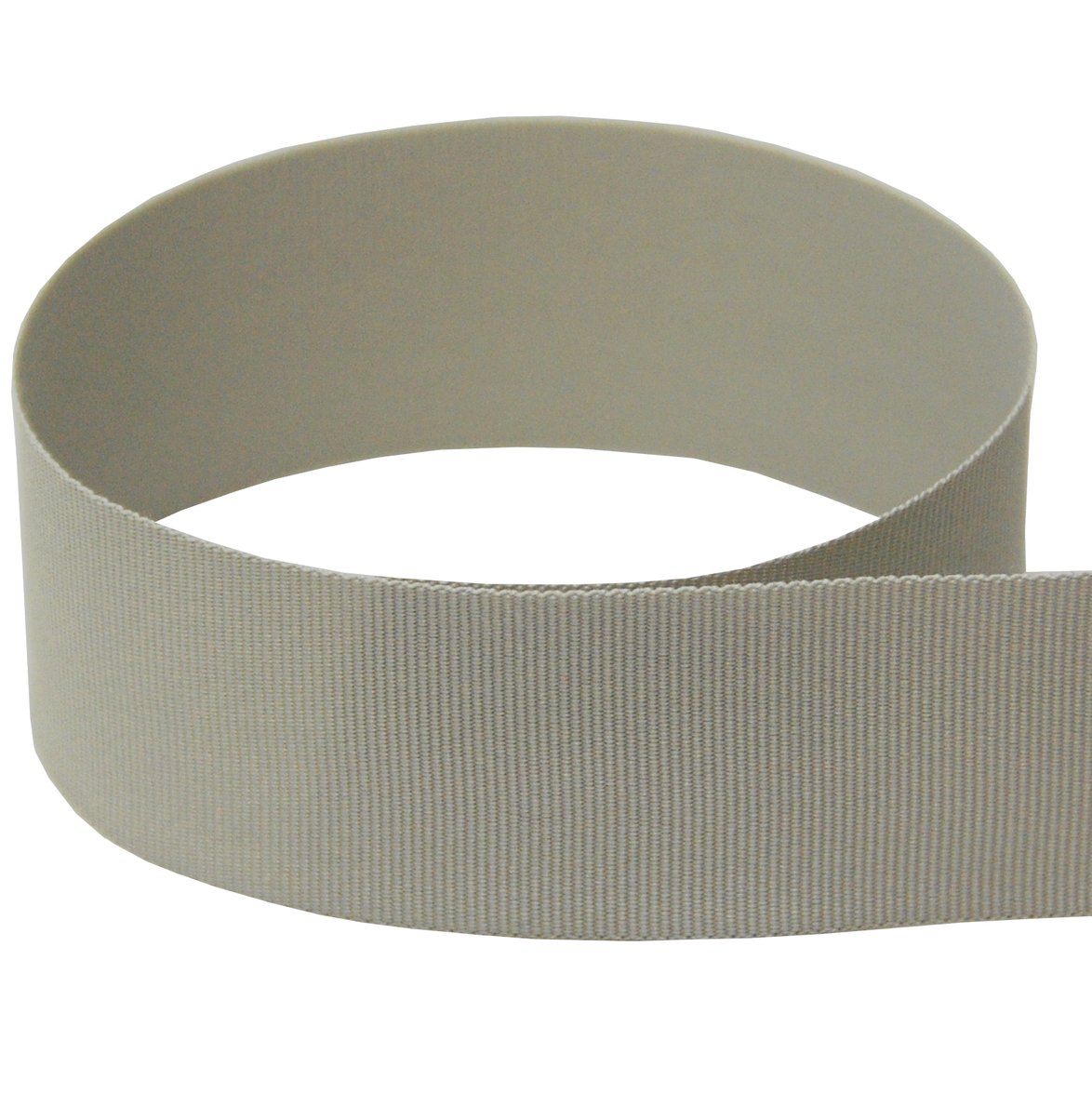 Gray solid grosgrain ribbon shown in a loose loop.