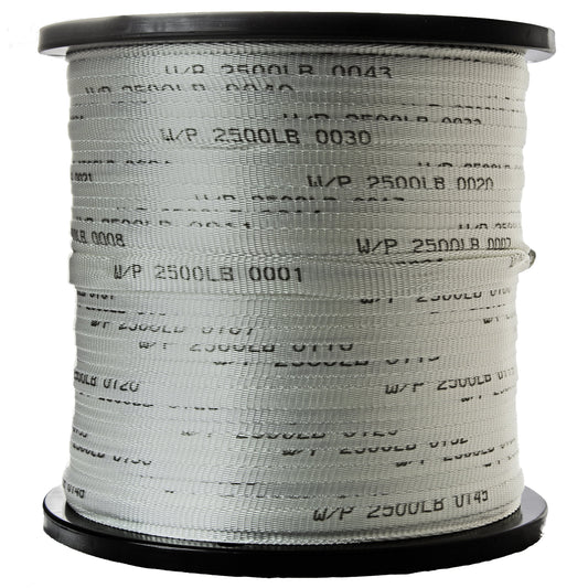 Polyester pull-tape reel with 2,500 lb and sequential footage markings.