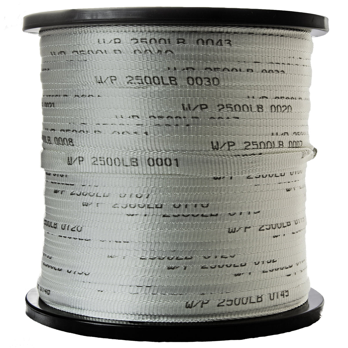 Polyester pull-tape reel with 2,500 lb and sequential footage markings.