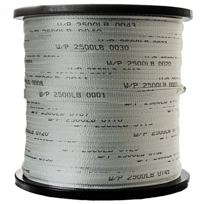 Polyester pull-tape reel with 2,500 lb and sequential footage markings.